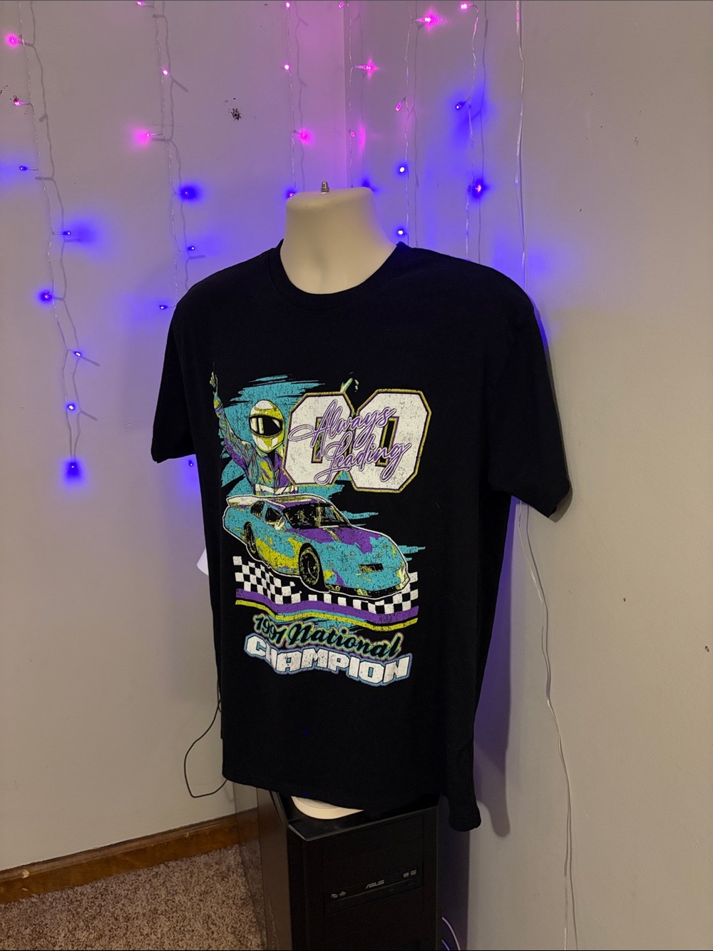 Vintage Racing Graphic Tee - Black with Turquoise & Purple